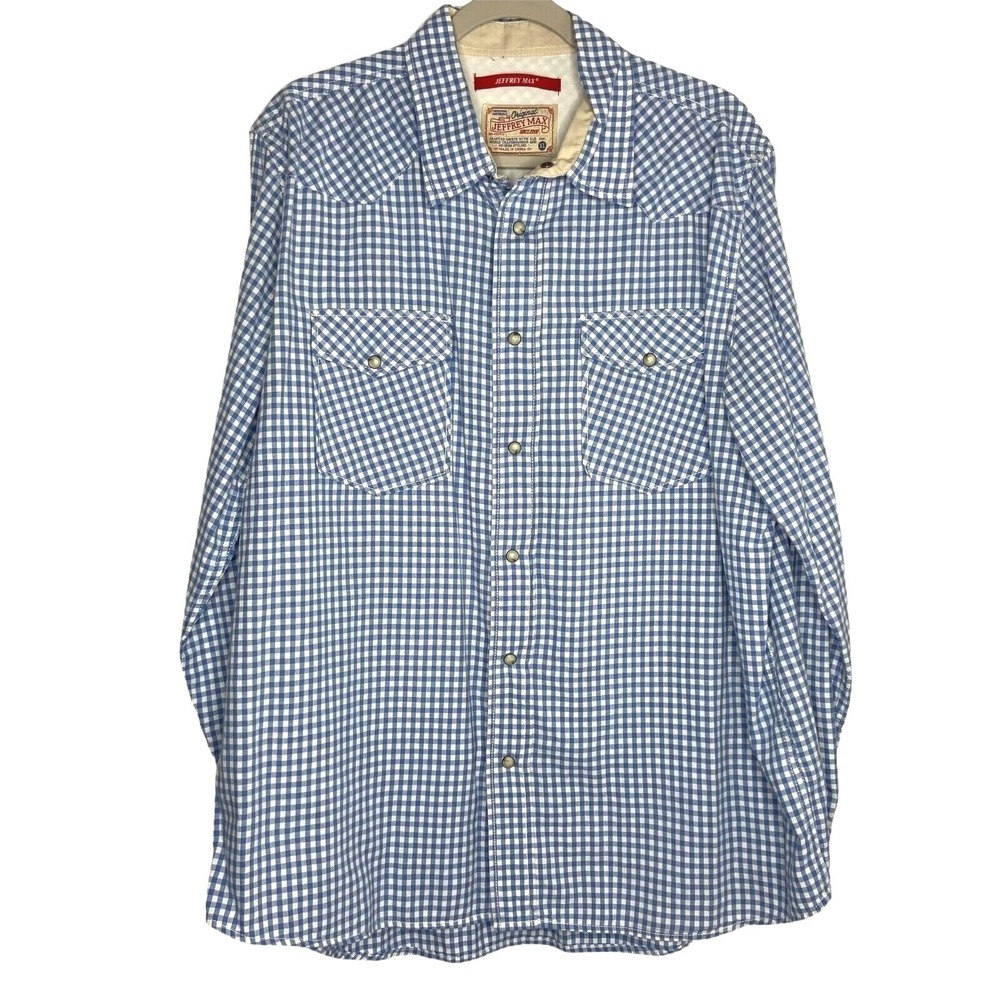 Jeffrey Max Shirt Mens XLarge Blue White Check Plaid Western Pearl Snap Cotton